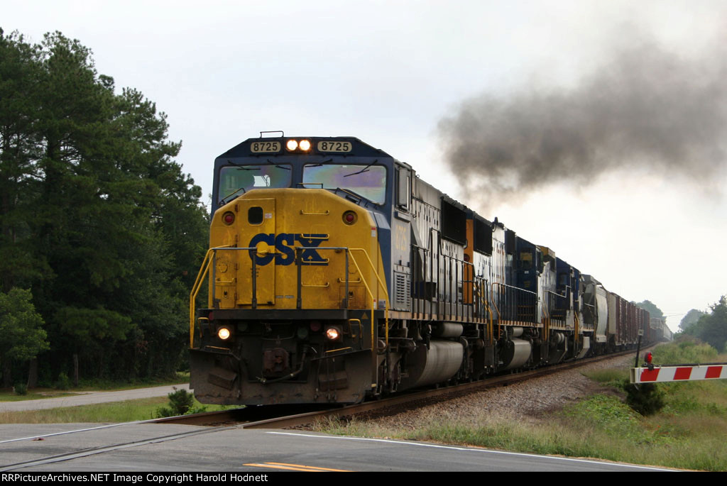 CSX 8725 leads a train southbound (compass west)